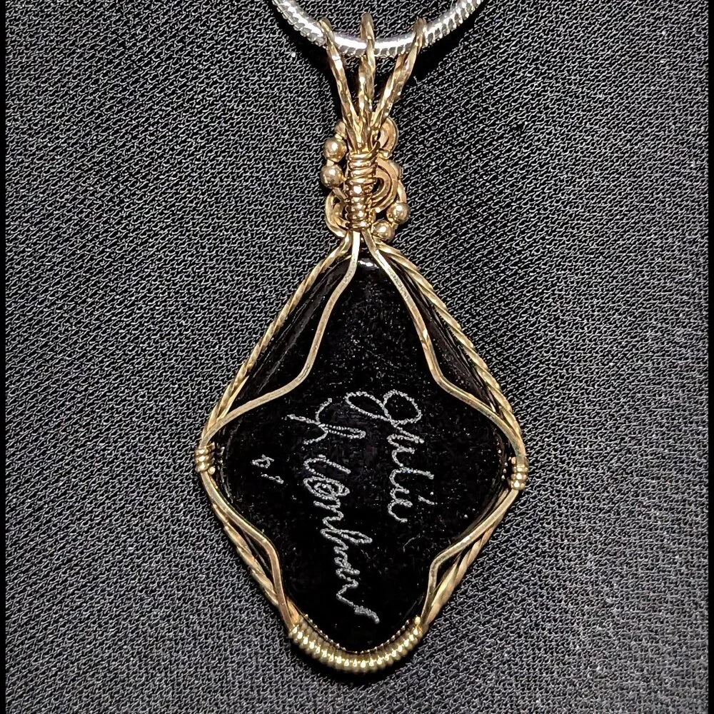 Precious SIGNED Blue, Yellow Dichroic 14k Gold-Filled Wire-Wrapped Glass Pendant - Picture 3 of 3